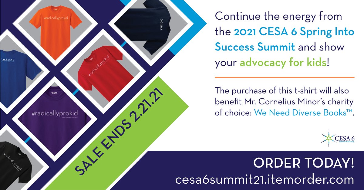 CESA6's tweet image. Did you order your #radicallyprokid T-shirt? Sale ends this Sunday Feb. 21. 

243+ shirts already ordered!

Proceeds benefit #springCESA6 keynote speaker  @MisterMinor&apos;s charity of choice: diversebooks.org Unisex tees in 6 colors. Order yours today! bitly.com/prokid-tee