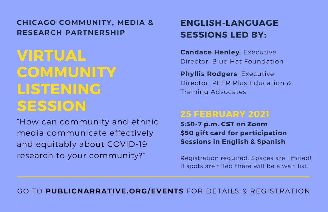 NABJCC's tweet photo. An invite from our friends at @PublicNarrative, seeking public input for the Chicago, Community, Media & Research Partnership project!
Registration limited to 25.
Register Here:
https://t.co/WlXkAFevad
#CCMRP @NorthwesternU @CCH_NU @cueChicago #CommunityEngagedResearch https://t.co/PL7gmtS4vA