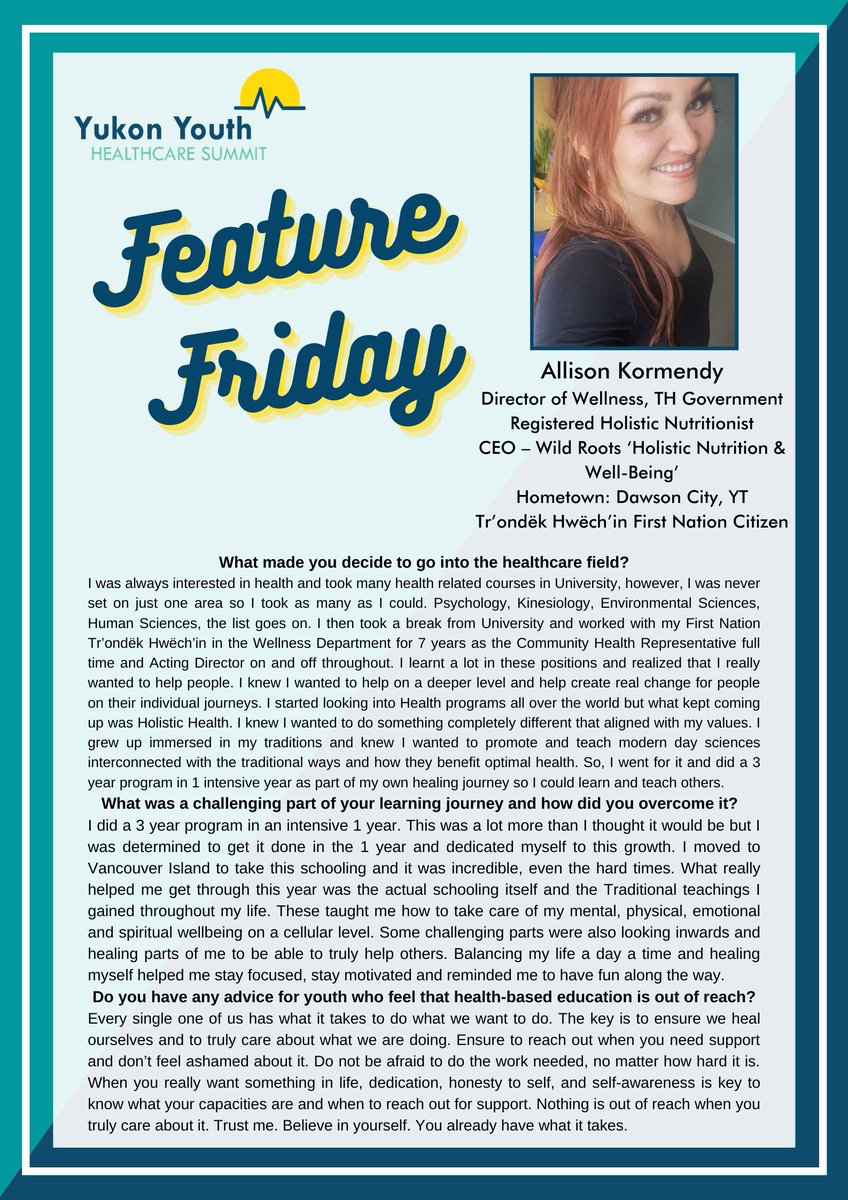 For our second #FeatureFriday we have Allison Kormendy, a Tr'ondek Hwech'in citizen!

She is a regd. holistic nutritionist, Director of Wellness for TH, and runs Wild Roots Holistic Nutrition and Wellbeing.
 
Thank you Allison for sharing your knowledge with us and #yukonyouth!