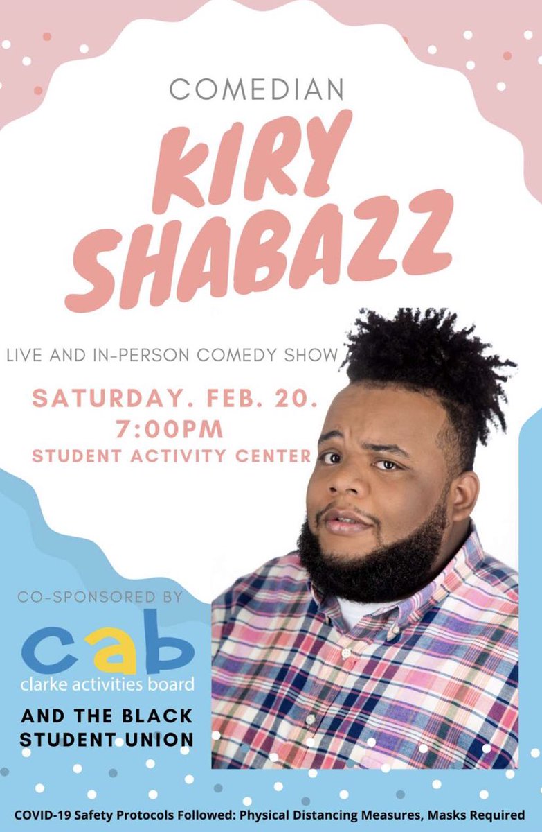 Join Us And CAB In The SAC Saturday Night At 7! Kiry Shabazz will be giving a very punny presentation 😎