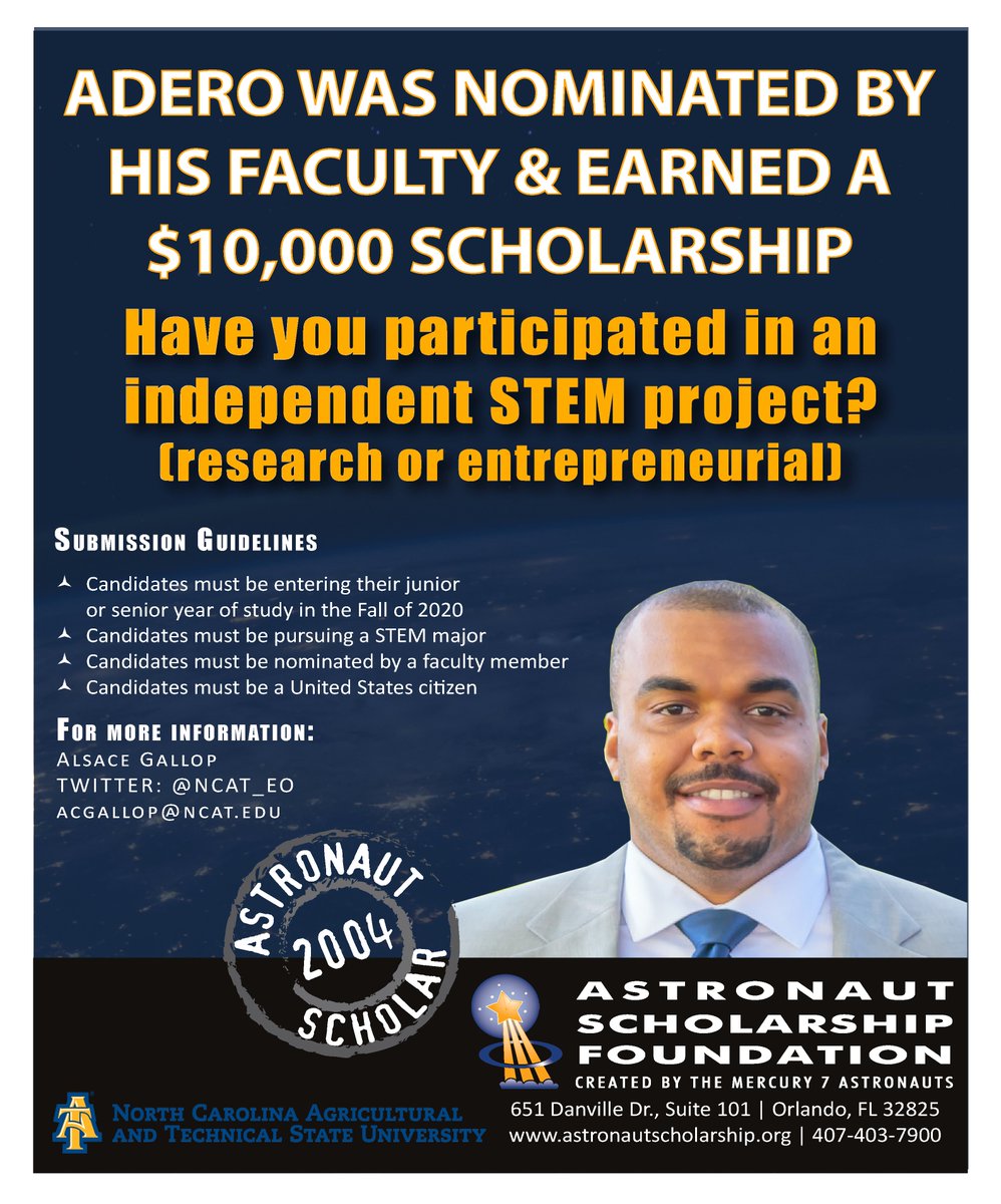 NCAT_EO's tweet photo. Are you #STEM #NCAT22 #NCAT23?

Do you have a track record of #STEM research/entrepreneurship? https://t.co/t3xPclJYWz

Fill this out now: https://t.co/3KoxR6Icj5

Apply for the 2021 @AstroScholarFdn (<$15K, mentorship + more) by the new campus deadline: Mar. 2, 5PM ET! https://t.co/s0umTJtz9D