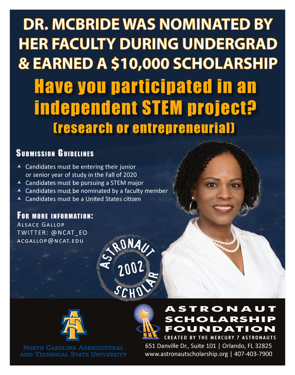 NCAT_EO's tweet photo. Are you #STEM #NCAT22 #NCAT23?

Do you have a track record of #STEM research/entrepreneurship? https://t.co/t3xPclJYWz

Fill this out now: https://t.co/3KoxR6Icj5

Apply for the 2021 @AstroScholarFdn (<$15K, mentorship + more) by the new campus deadline: Mar. 2, 5PM ET! https://t.co/s0umTJtz9D