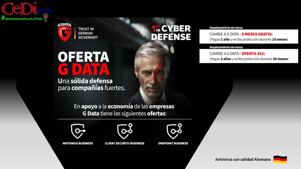 Ceditechmx's tweet image. Hasta 12 MESES GRATIS de protección para tu red empresarial!!!!! Aprovecha esta gran oportunidad.  CeDitech y GData #UnidosPorLaSeguridad