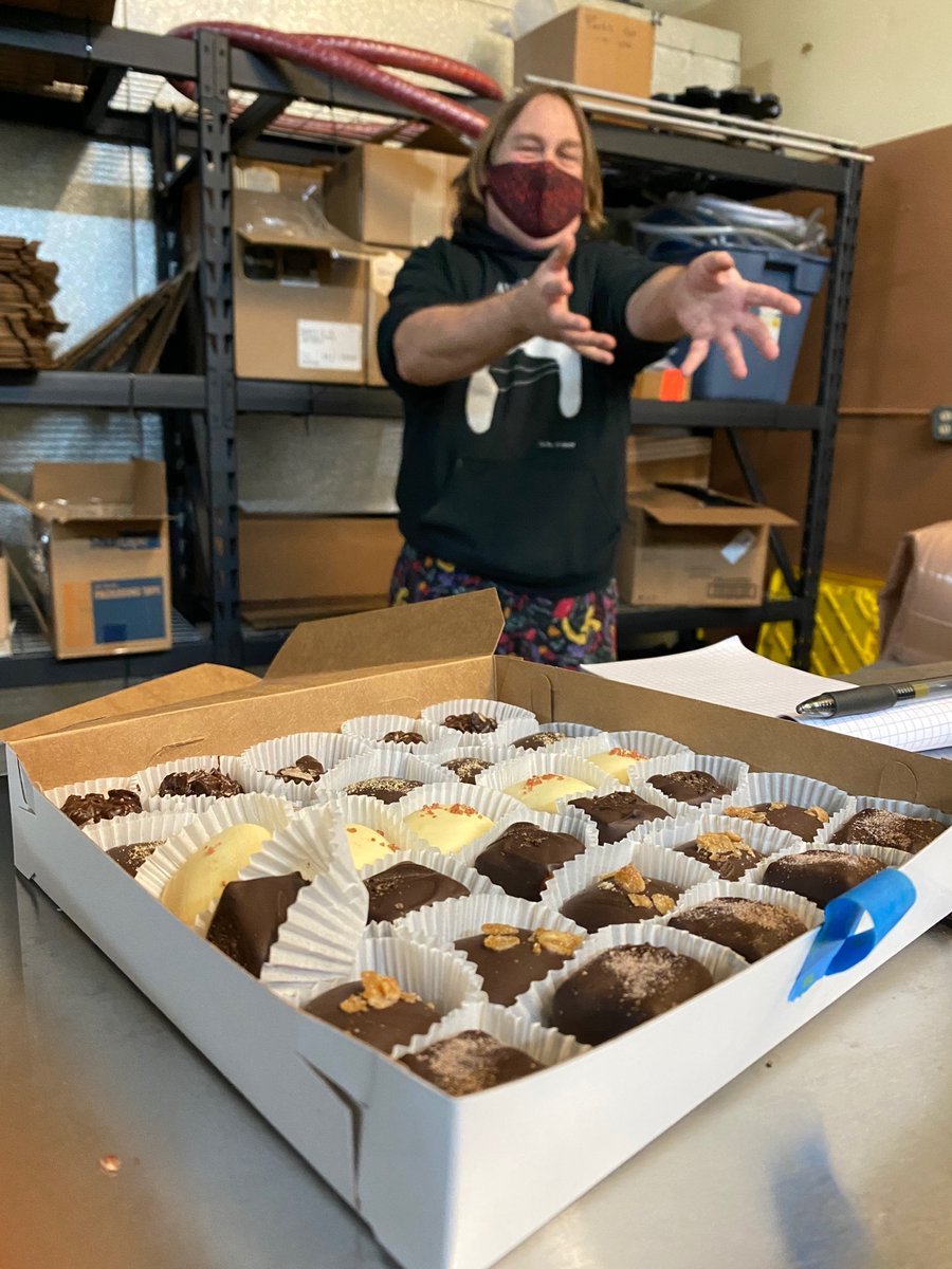 When we pair our beer with chocolate, we work with Davey! This man is PASSIONATE about food pairings and chocolate confections, and we’re so lucky to know him. He brought five chocolates to try and this is when he surprised us with the infamous chocolate-covered blue cheese!