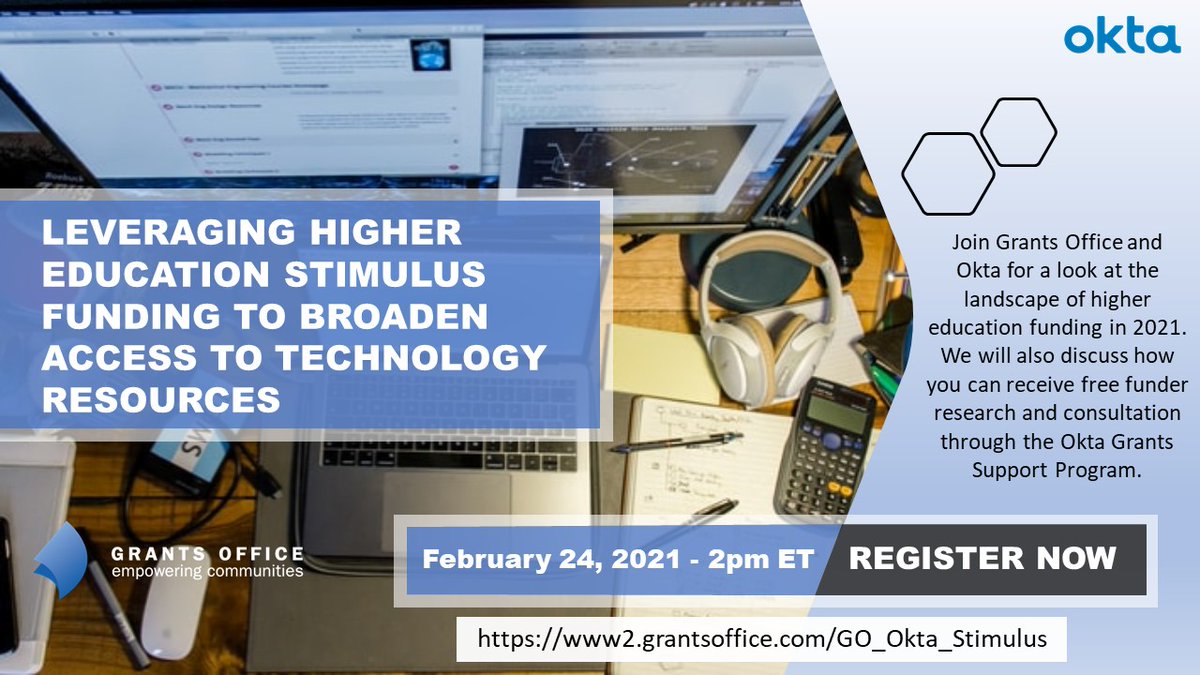 GrantsOffice's tweet photo. #Coronavirus Response & Relief Supplemental Appropriations Act and #CARESAct fund #colleges & #universities to prepare for #remoteLearning. Register NOW to get #FREE consultation on #grants from the @okta Grants Support Program HERE: https://t.co/yaFhNfxnsw
#getFunded #GOgrants https://t.co/qAAULLtswV