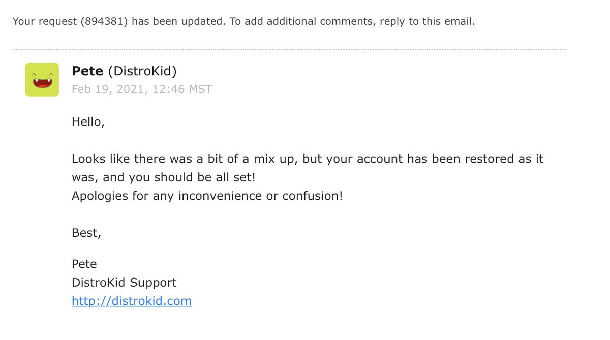 I just received this notification from <a href="/DistroKid/">DistroKid</a> saying that all against me was a mix up of confusion. The last weeks were a nightmare and I saw all my life-work breaking down like a house of cards. My nerves broken in tears, now this, a roller coaster. Thanks for your empathy!