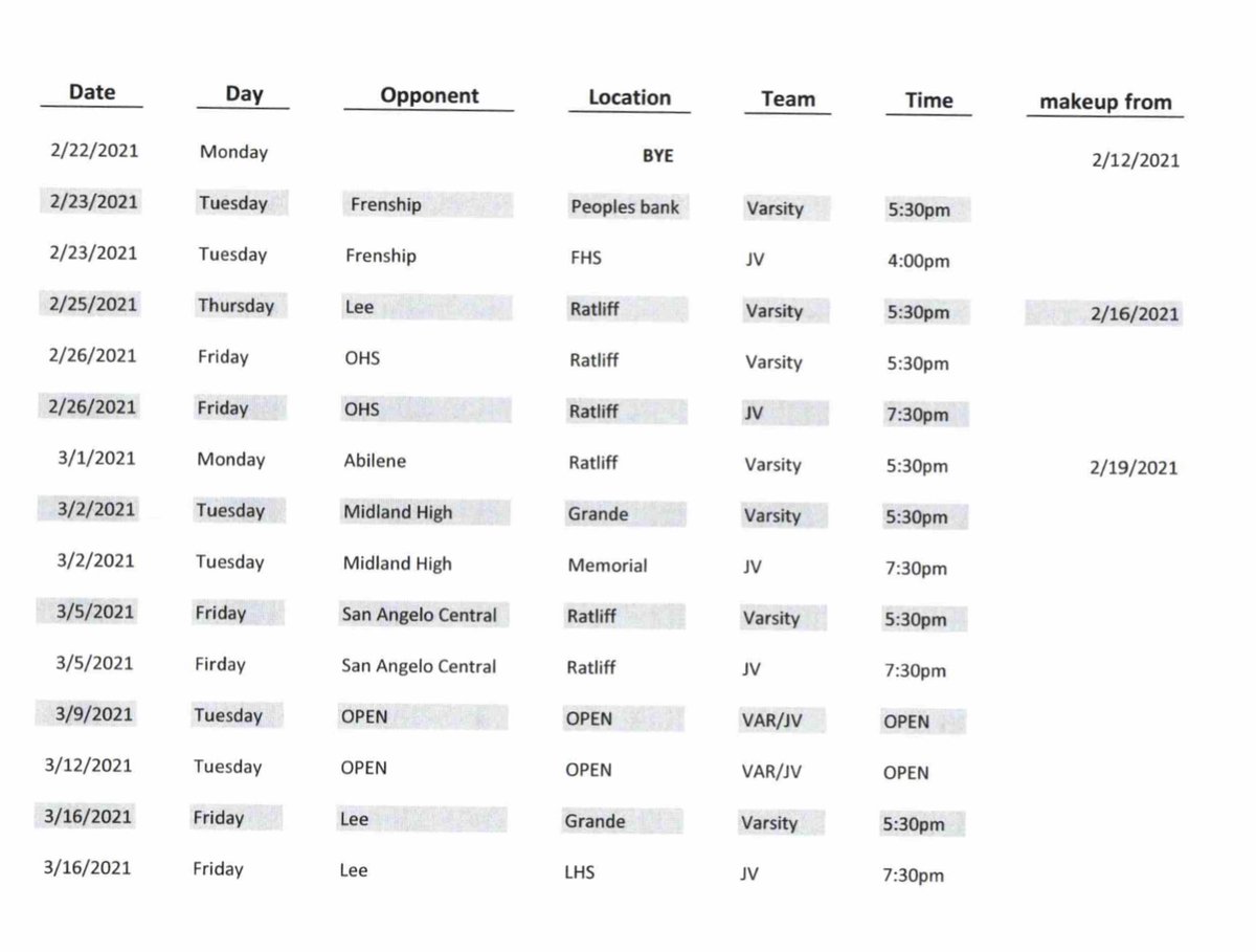 Updated schedule with rescheduled games