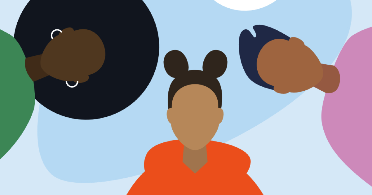 Cartoon graphic of three BIPOC people against a blue background with blue and white shapes.