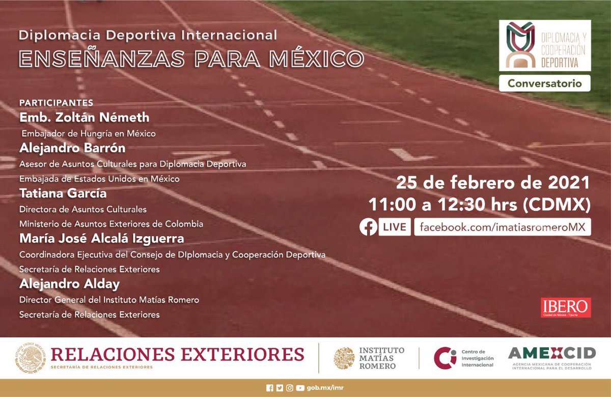 Te invitamos al conversatorio “Diplomacia Deportiva Internacional: enseñanzas para México” ¡No te lo pierdas! <a href="/IBERO_mx/">IBERO CDMX</a> <a href="/AMEXCID/">AMEXCID</a> #IMR 
🗓 25 de febrero 
⏰11:00 horas