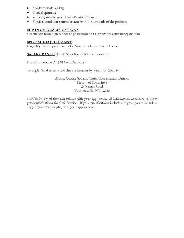 AlbanySWCD's tweet photo. Now accepting applications, until March 19, 2021, for a Part Time Clerk (2 days/wk. - 16hrs). https://t.co/4mpO39YNJK