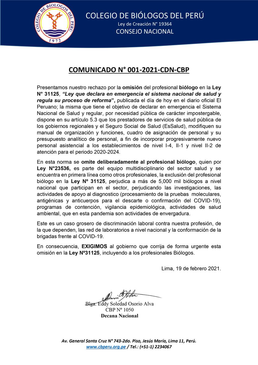 Cbiologosperu's tweet photo. Hacemos una enérgica protesta y rechazo por la omisión del profesional biologo en la Ley N 31125, publicada el día de hoy , el cual discrimina laboralmente al biólogo en el sector salud. 
Exigimos al Poder Ejecutivo su observación e inclusión de los biólogos en esta Ley. https://t.co/JEdfknO6eC