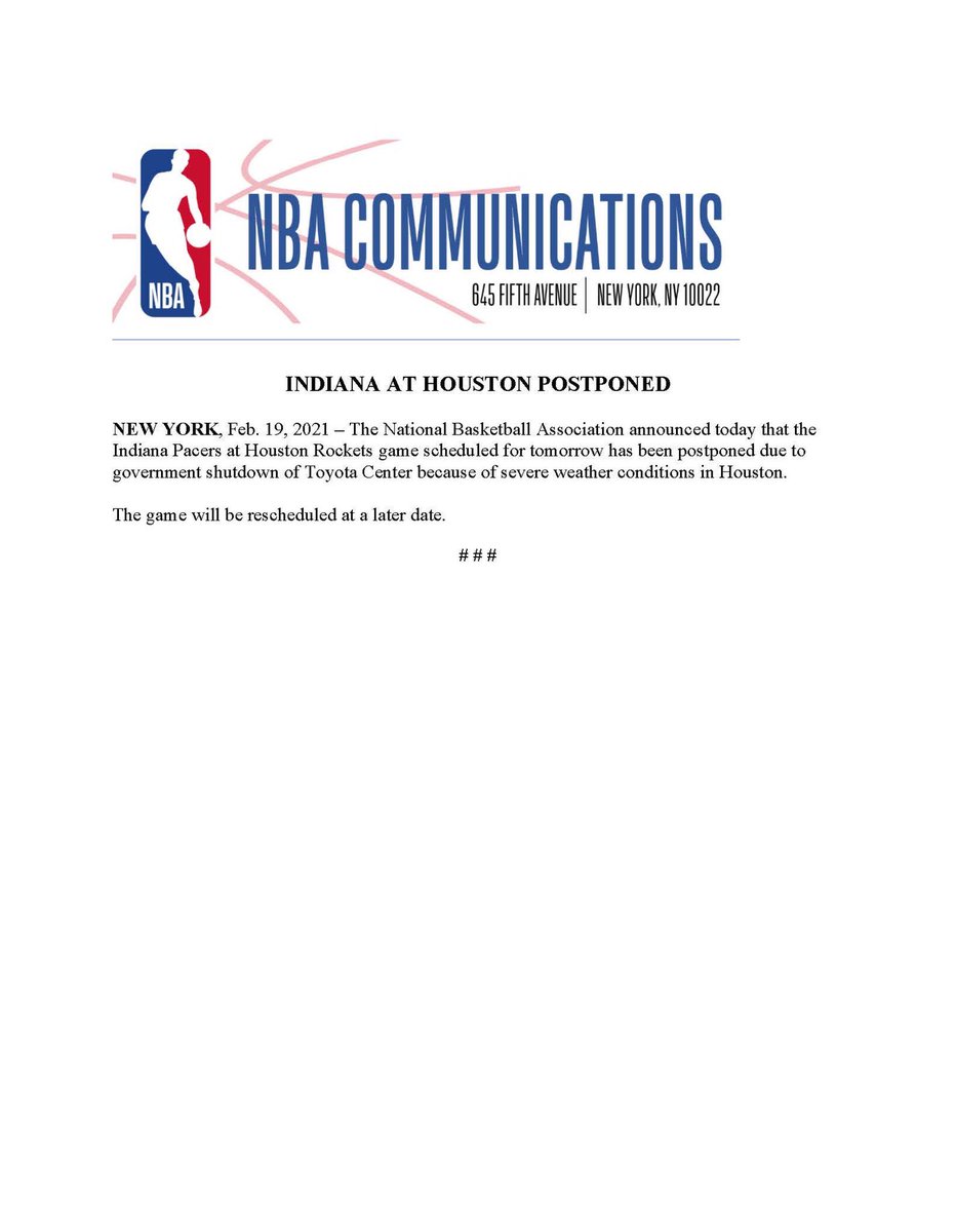 Marc Stein On Twitter The Nba Has Called Off Indiana At Houston Tomorrow Night Due To The Government Shutdown Of Toyota Center Because Of Severe Weather Conditions In Houston It Is The