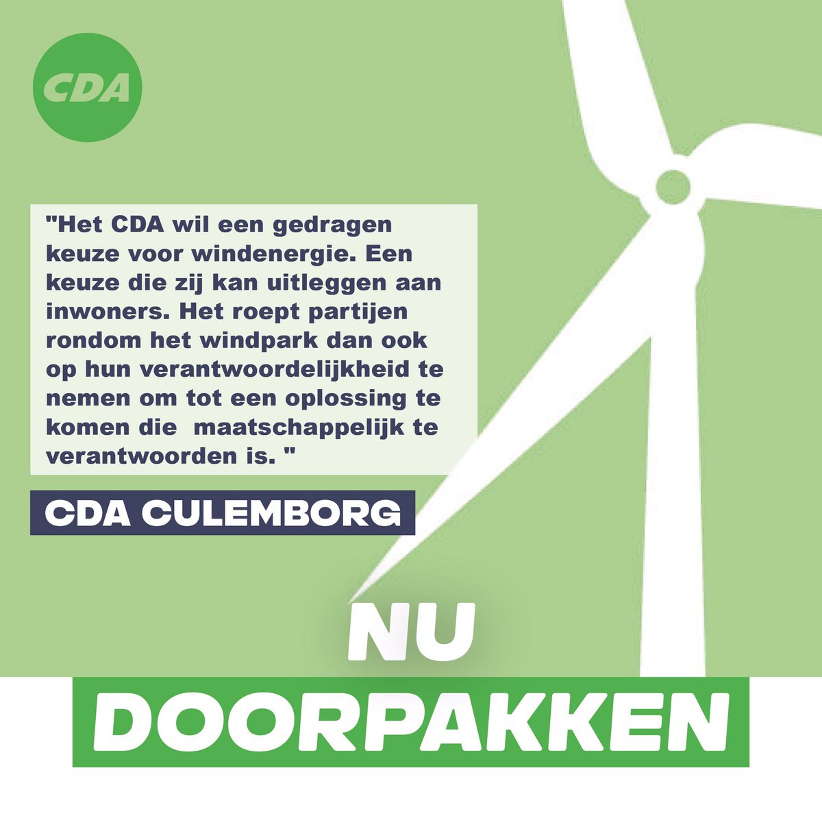 CDA wil een gedrage keuze voor windenergie in Culemborg. Fractie geeft reactie op informatie bijeenkomsten Windwinning voor inwoners en bedrijven 👉🏻 cda.nl/gelderland/cul… #nudoorpakken #klimaat
