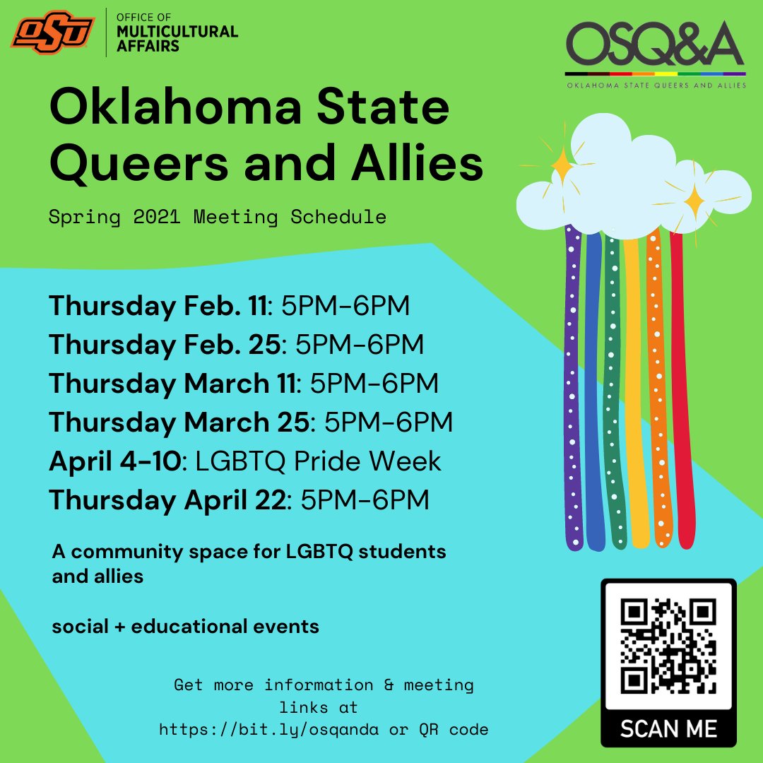 Join us this spring 2021 for engaging speakers, conversations on identity, and community! 
Get our Zoom and Discord links and join our community at bit.ly/osqanda #lgbtqok #diversityokstate #okstatediversity #osqa #osqanda #lgbtqokstate