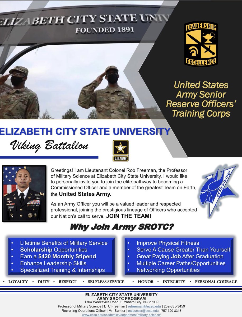 If you are interested in learning more about our MIlitary Science Program and the ECSU Viking Battalion, please contact LTC Robert Freeman, refreeman@ecsu.edu | 252.335.3459 | 
ecsu.edu/academics/acad… #VikingBattalion  #ECSU @ECSU @DrDixonECSU @FarrahJWard @CareerEcsu @ecsucab