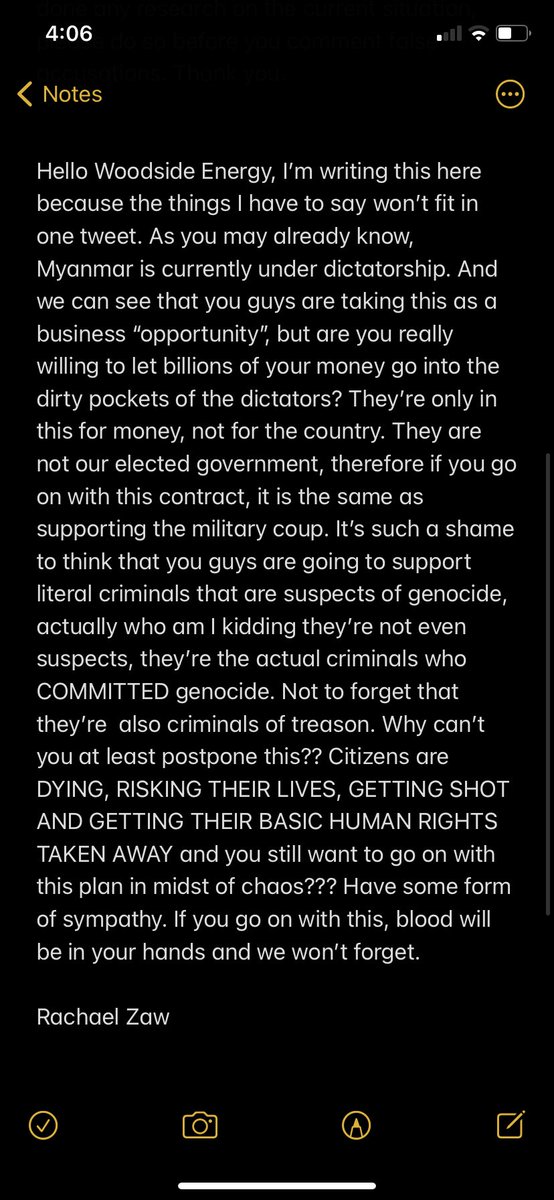 rachael_zaw's tweet photo. @WoodsideEnergy Take a moment to read what I have wrote in here! I couldn’t fit it all in a tweet so I have written it in there. #SaveMyanmar https://t.co/9OOdcvk4ls