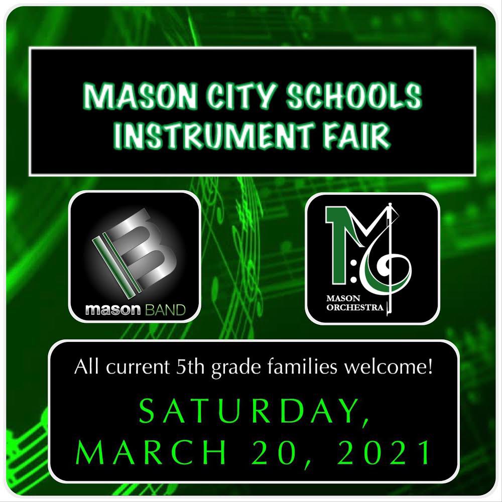 Current 5th Graders will have the opportunity to try out instruments for 6th Grade Band and Orchestra in a safe and socially-distant way! Save the date and look for more information soon from Mason Intermediate School! <a href="/MasonSchools/">Mason City Schools</a> <a href="/MasonBands/">Mason Bands</a> <a href="/cooperlearns/">Jonathan Cooper</a> <a href="/principalmesser/">Eric Messer</a>