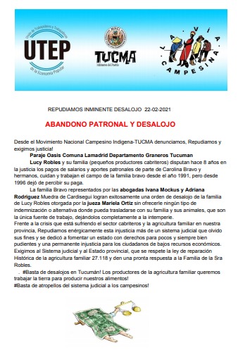Repudiamos inminente desalojo 
La justicia en su versión mas exitosa "para pocos siempre, rara vez para el de menos recursos"