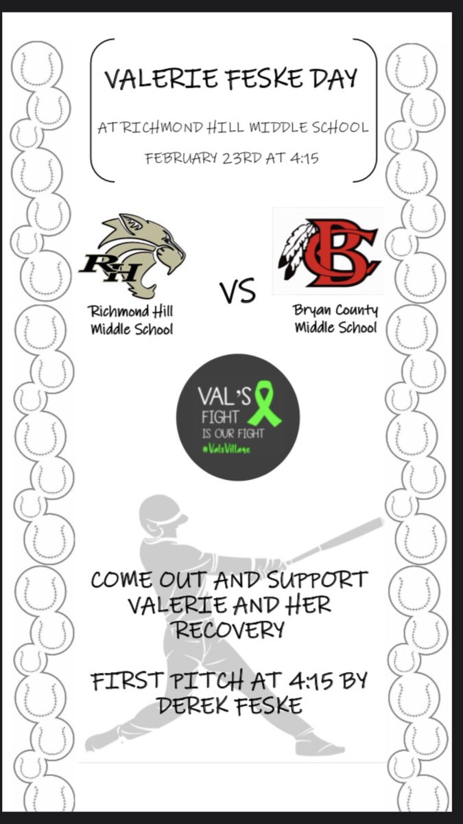 Open Day: Come cheer on the RHMS Wildcats as they play Bryan County Middle School and help support Valerie Feske and her family
First pitch at 4:15 thrown by Derek Feske.