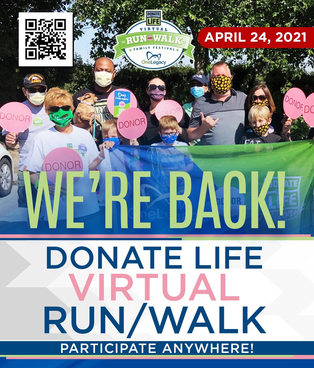 Registrations are open! Use the QR code available on this image, or visit DonateLifeRunWalk.org to register today! Stay tuned for more updates available over the following weeks and for details on how to participate. #virtualdlrw