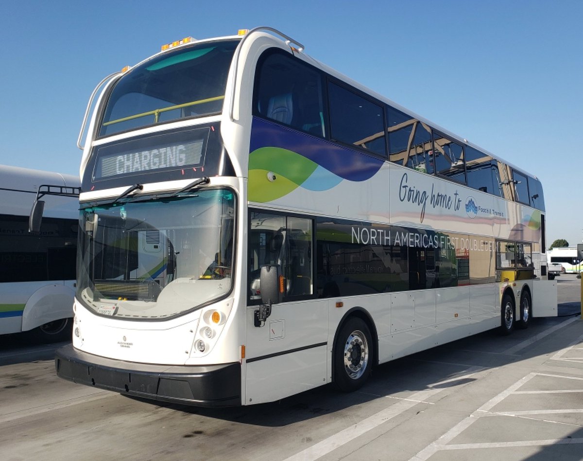 TransdevNA's tweet photo. We're so excited to see the fancy new double decker all electric buses in our lots at @FoothillTransit. We can't wait to go for a ride!
#Sustainability #Innovation #NewBusSmell https://t.co/lj8JAZYTgZ