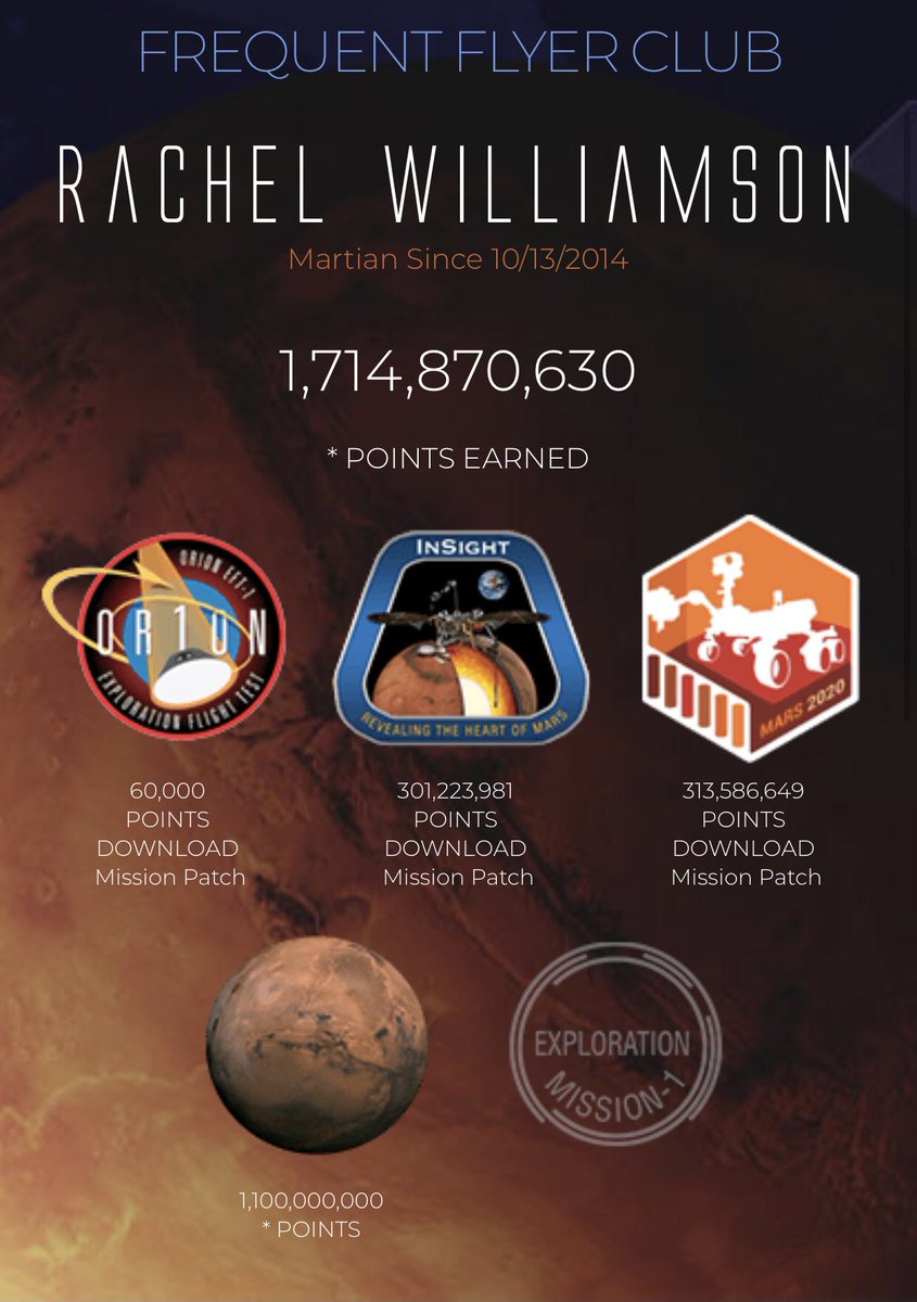 RachWilliamson0's tweet photo. Since 13 Oct 14 my name has travelled 614,870,630 miles on 3 missions - Orion’s flight test, INSIGHT and Perseverance Rover! #FrequentFlyerClub @NASA @NASAPersevere @NASA_Orion @NASAInSight @MarsOneProject https://t.co/BYywEVrTLV