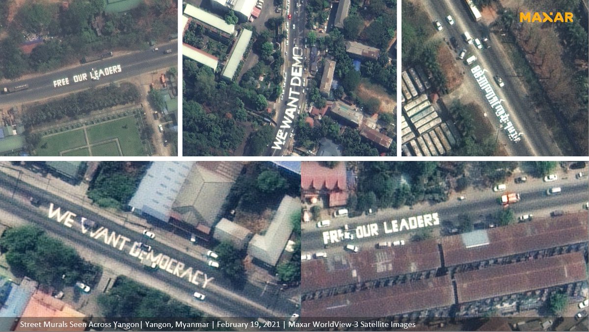 Maxar Technologies (@maxar) on Twitter photo Street murals continue to pop up throughout #Yangon, #Myanmar as protesters continue to take to the street in masses, defying coup attempt and demanding an end to military rule. #Satellite images from February 19, 2021. Street murals continue to pop up throughout #Yangon, #Myanmar as protesters continue to take to the street in masses, defying coup attempt and demanding an end to military rule. #Satellite images from February 19, 2021.