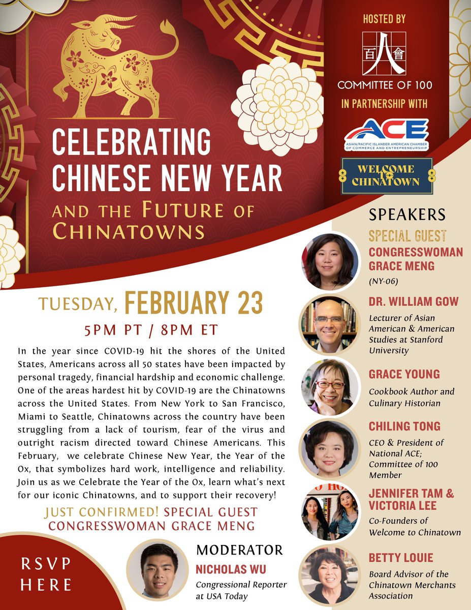Committee100's tweet photo. Excited to announce our list of speakers incl: Dr. William Gow of @Stanford; @stirfrygrace, James Beard Award winner; @ChilingTong1 President &amp; CEO of @NationalACE, Jennifer Tam &amp; Vic Lee, founders of @WtChinatown; and Betty Louie, SF advocate, w/ moderation from @nicholaswu12 https://t.co/yl7C29GdR5