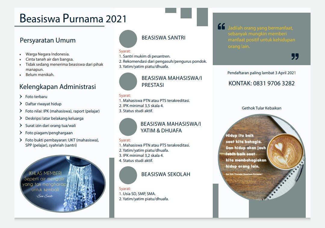 Bismillahirrahmanirrahim

Kami membuka pendaftaran beasiswa utk putra putri generasi penerus bangsa yg cinta tanah air 🇮🇩🇮🇩

Mohon bantuan ❤️ &amp; 🔃 smoga sampai pd yg membutuhkan 🙏

Nanti akan ada seleksi agar beasiswa yg kami berikan benar² tepat sasaran 🙏