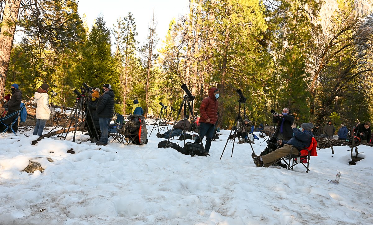 A large crowd of photographers on a snowy forest floor.
