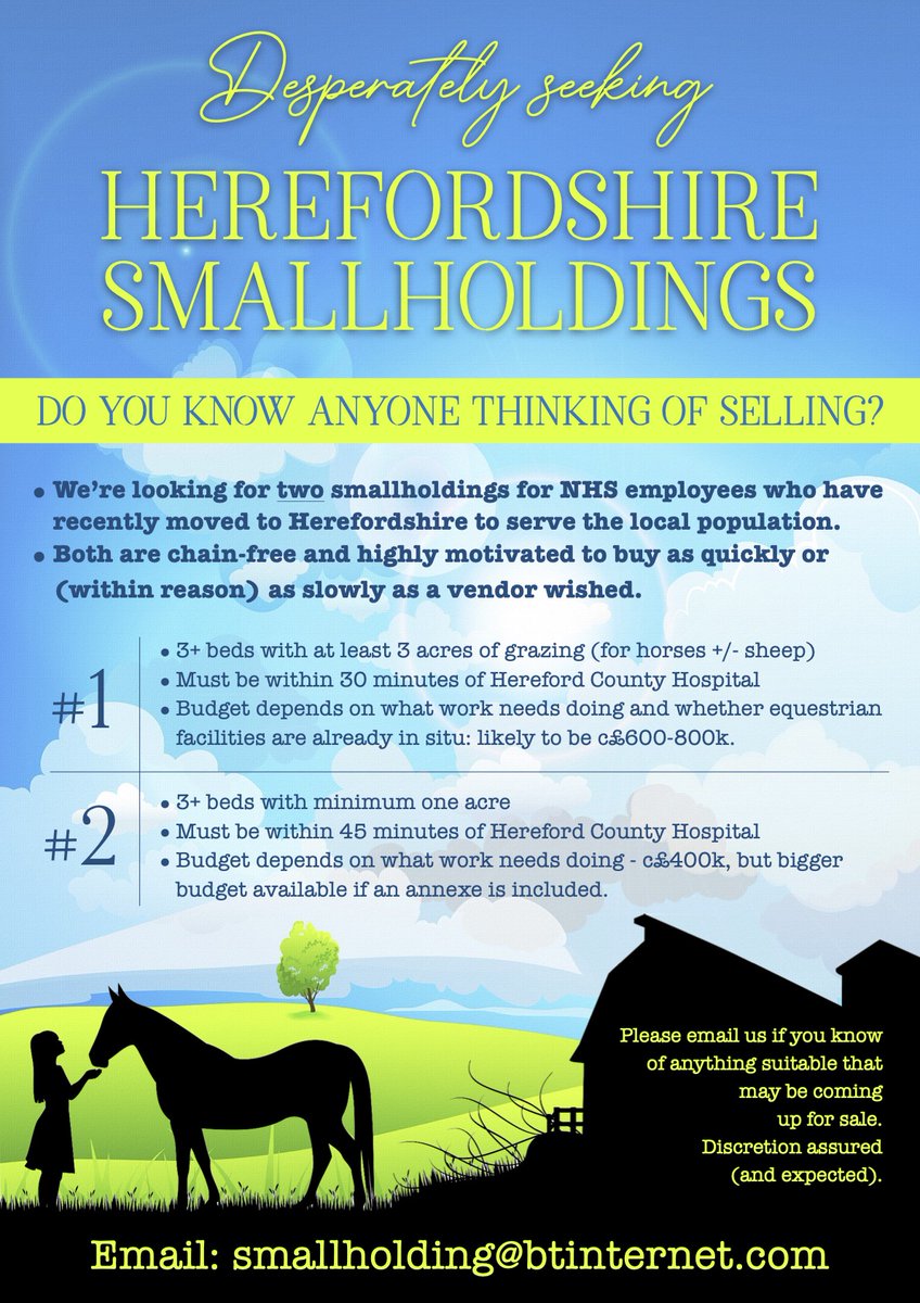 Two new-to-Herefordshire NHS employees are desperately seeking smallholdings in #Herefordshire! Can anyone help? Obviously, we're both scouring <a href="/rightmove/">Rightmove</a> etc etc. But someone out there must know someone considering selling... please do RT to help our #smallholdingdream