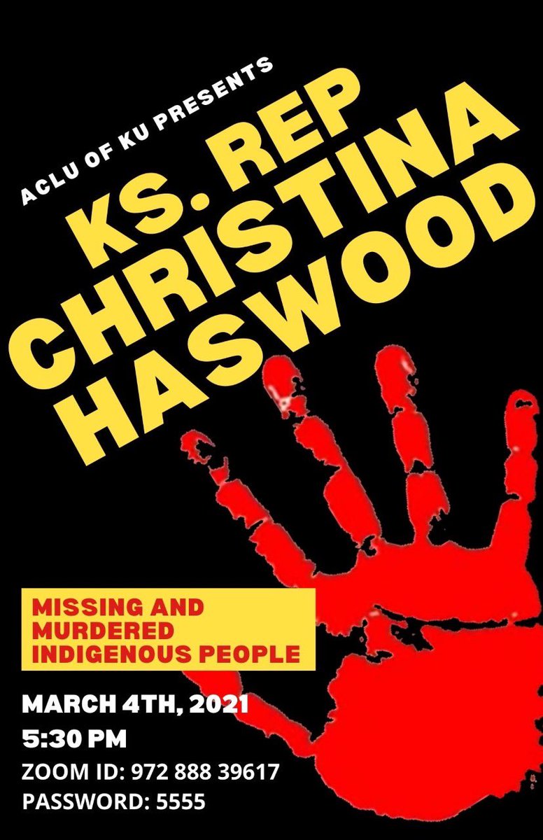 Join us at our next ACLU of KU meeting, where Representative Christina Haswood will talk about missing and murdered indigenous people—a subject we all need to learn more about.  Get educated and become an ally!
See you there!!