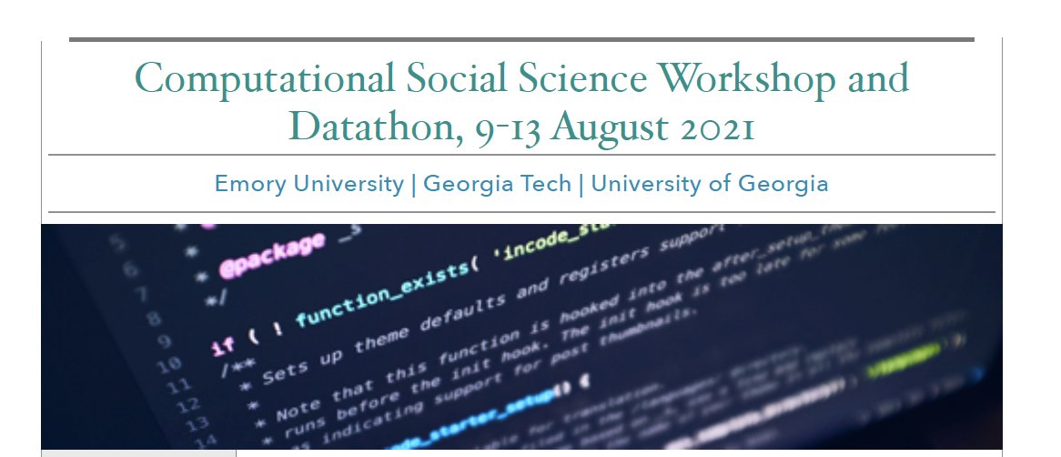 We will host a Computational Social Science workshop and datathon for an interdisciplinary group of scholars from the great Atlanta area 🤩

If you are interested in  #computationalsocialscience, please consider apply and RT 🔥

APPLY HERE 👉 bit.ly/3s6WPIn