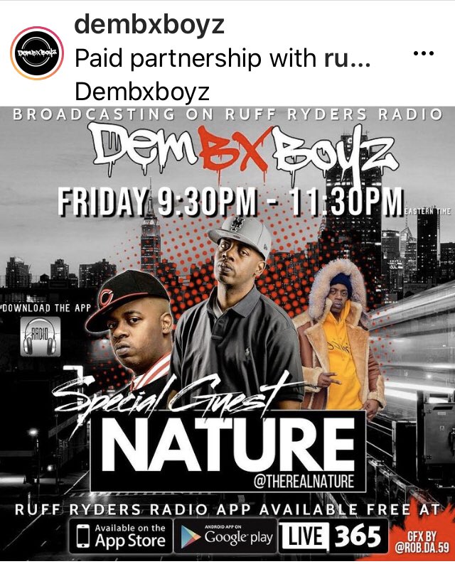 QueensbridgeRap's tweet photo. Check out Dem BX Boyz radio show live from 9:30 - 11:30PM tonight featuring @THEREALNATURE.  Free Ruff Ryders Radio app in the App Store.  Dope mix. #FridayNight #HipHop #GoldenEra #NYC https://t.co/7gFOZBtdP3