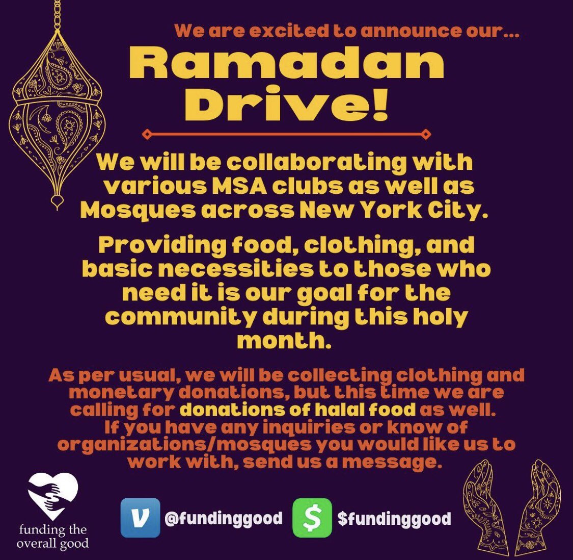ftog_charity's tweet photo. Want to help the #HomelessinNYC? We are doing a #Ramadan clothing/food drive. Venmo, Cashapp, or figure out where you can bring clothing or food! We would LOVE some #halal options if you can. Wondering how else you can get involved? Contact us! #ftog #clothingdrive https://t.co/tLBvwLpKpT