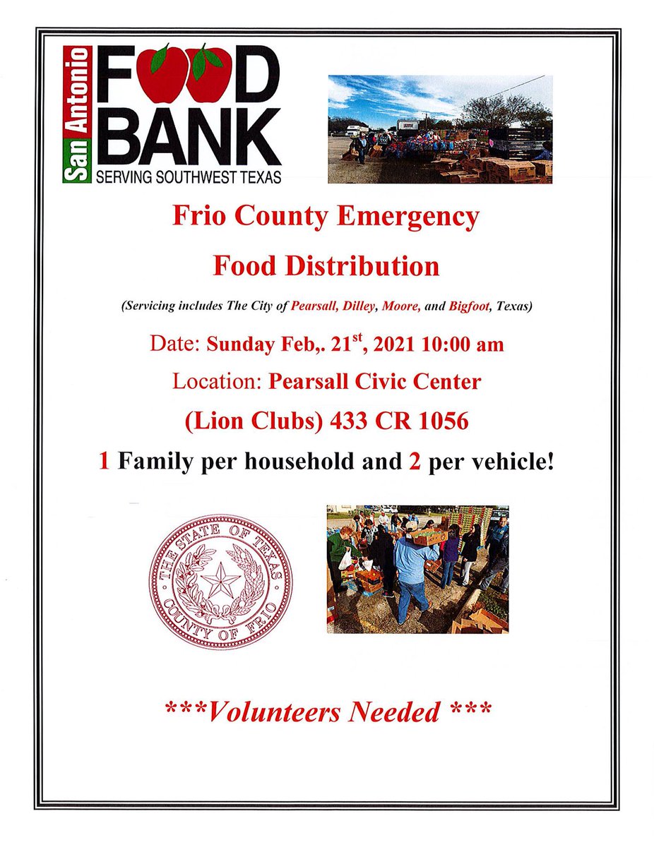 CEDRdigital's tweet photo. #FrioCounty #TX
Emergency food distribution.  
Date/Time: Saturday starting at 10am.  
Location: Pearsall Civic Center 433 CR 1056
🔗https://t.co/x8Damt0hBV https://t.co/FOYK4Tyuvp