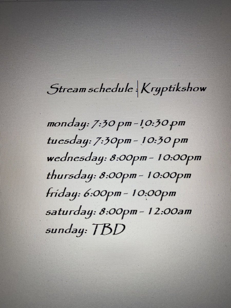 KRYPTIKGAMER98's tweet photo. New schedule... #kryptikshow #twitchtv #streamtimes #streaming #video #games #RocketLeague https://t.co/ntPkjz6zBM