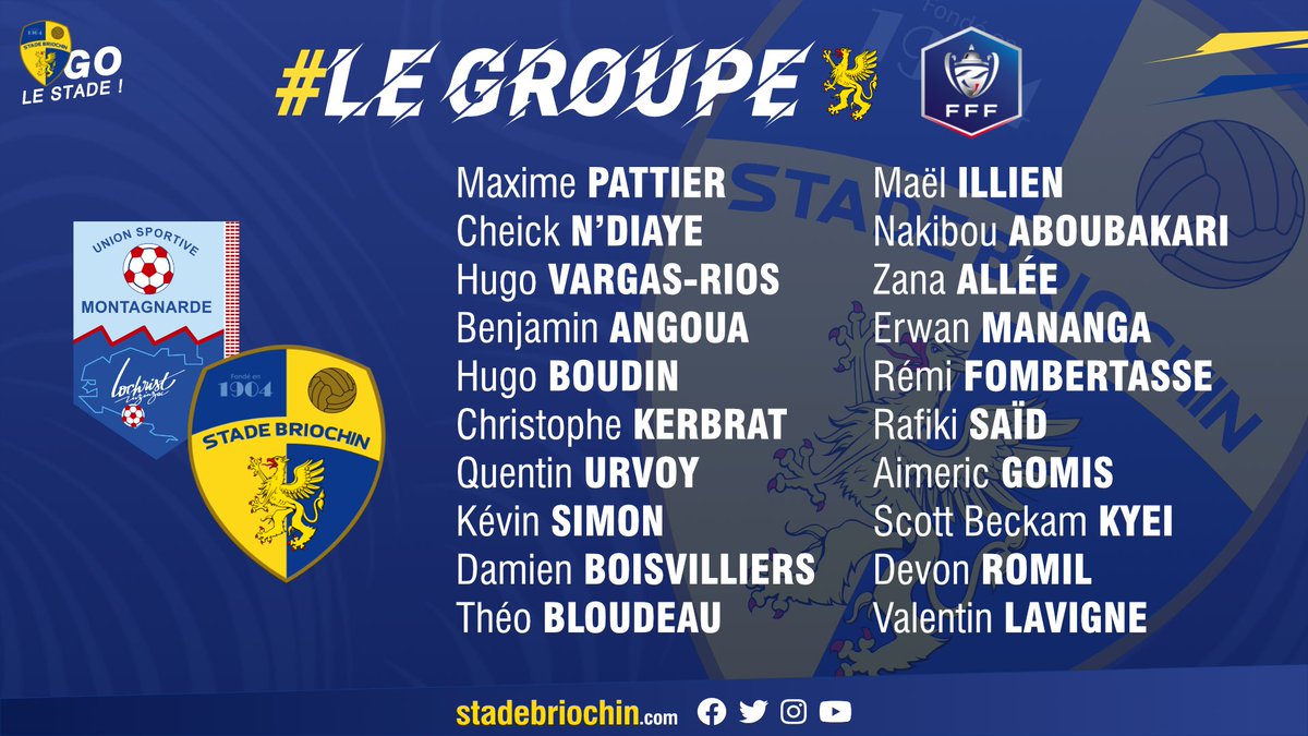 StadeBriochin's tweet photo. [Le groupe CDF🏆🇫🇷]

20 Griffons pour une place en 16e de finale de la compétition‼️

🔥 @US_Montagnarde 🆚 Stade Briochin
🏆 32e de finale de @coupedefrance 🇫🇷
🏟 Mané Braz - huis clos
🕜 13H30
📺 Direct ➡️ https://t.co/Kacg13XXqN
📲 #USMSB

#GoLeStade💛💙 #CoupeDeFrance #CDF https://t.co/vILJcb6E1g