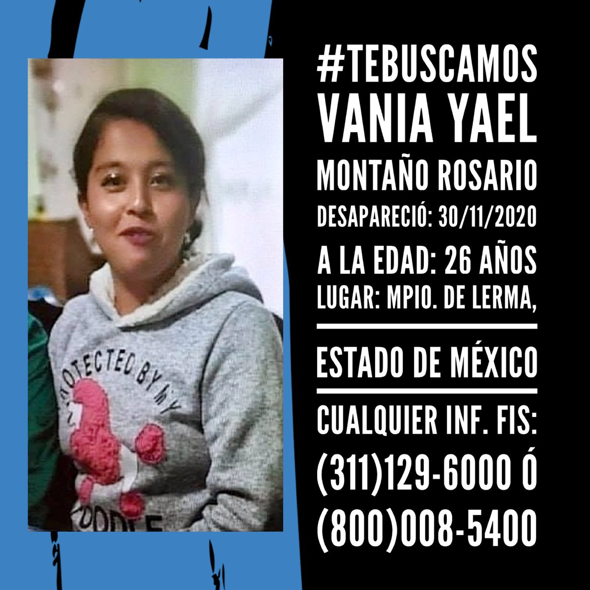 more70mart's tweet image. #TeBuscamos
#VaniaYaelMontañoRosario
Desapareció: 30/11/2020
A la edad: 26 años
Lugar: #Mpio.DeLerma #EstadoDeMéx
Cualquier inf. Fis: (311)129-6000 ó
(800)008-5400
#PaseDeLista11am 
con @Drago237