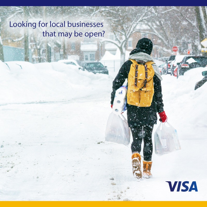 Visa's tweet photo. In times of crisis, we all do what we can to chip in. If you're looking for businesses that may be open in communities affected by the storms, Visa's Back to Business search tool can help. #TexasStrong