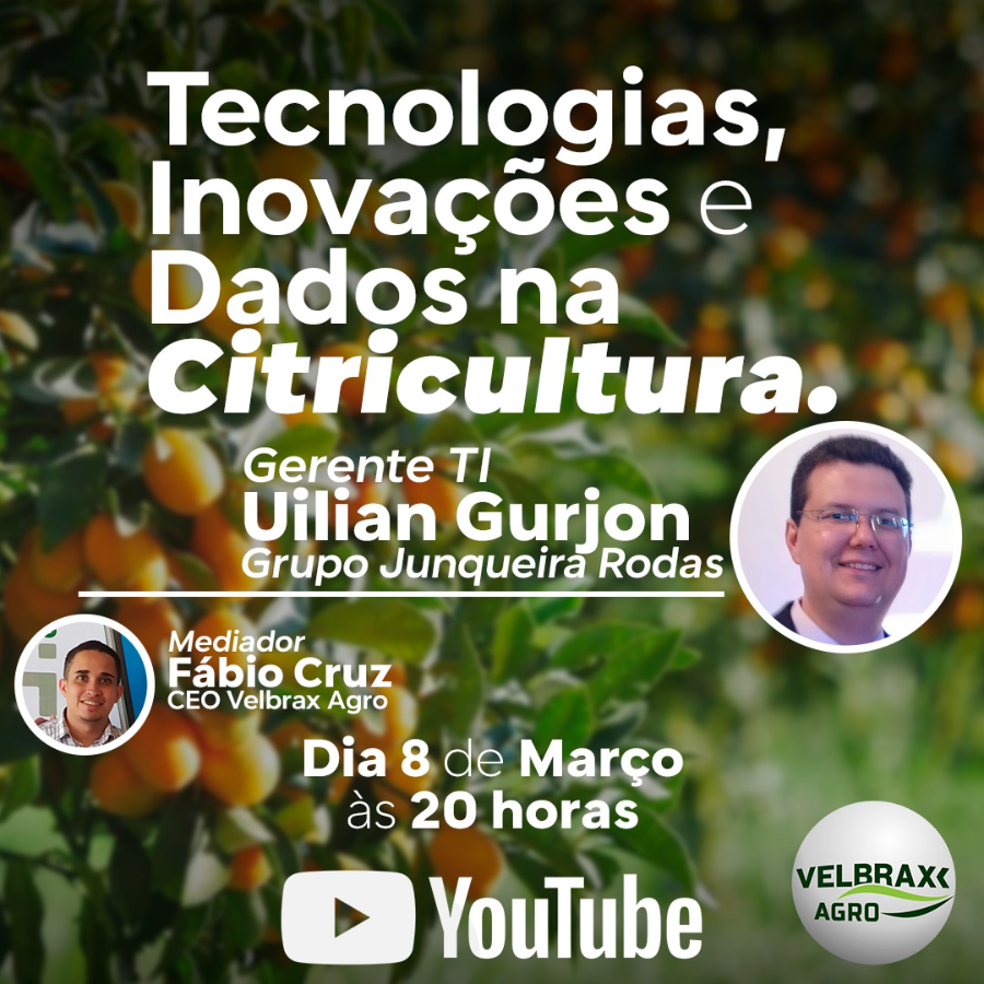 uiliangurjon's tweet photo. Webinar Citrus Velbrax Agro de 2021 com Uilian Gurjon, gerente de TI do Grupo Junqueira Rodas. Uilian é especialista em dados e vamos discutir sobre a Transformação Digital e o impacto de Tecnologias, Inovações e Dados na Citricultura. Dia 08 de março de 2021 ás 20h no youtube https://t.co/a4V0jueCbP