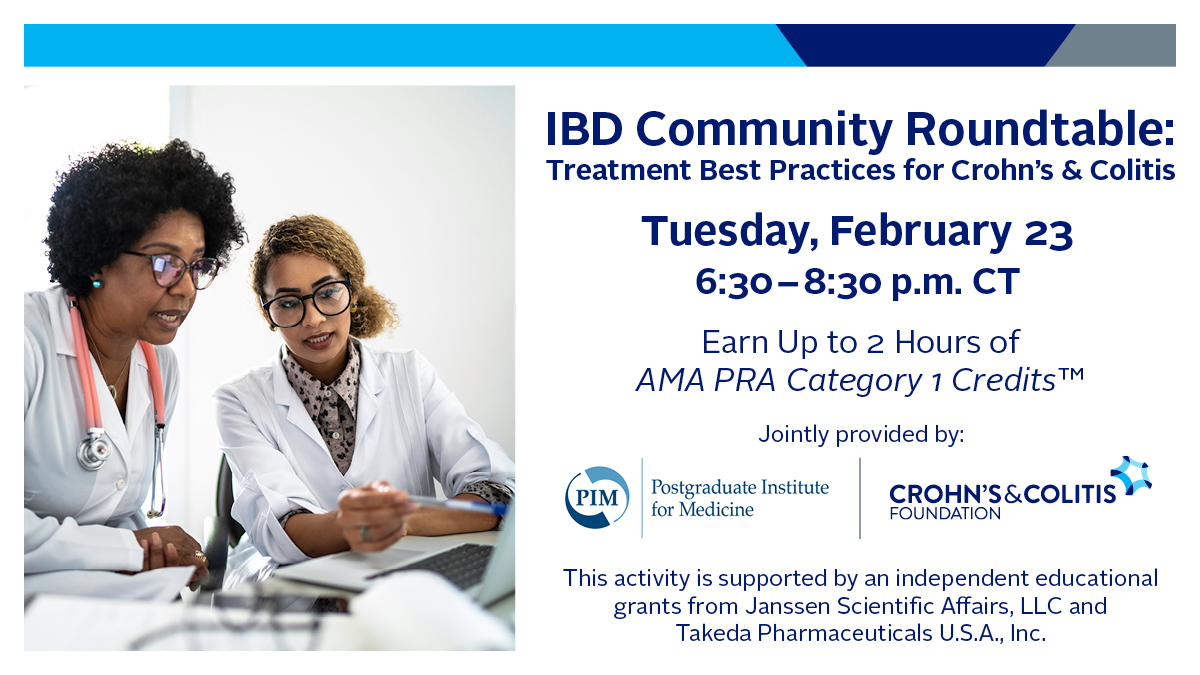 FREE CME event on Tuesday at 5:30pm MST! Join us to learn more about treating #IBD. Faculty is <a href="/fudmanMD/">David Fudman, MD</a>,
<a href="/PersleyKim/">Kim Persley</a>, Dr. Adam Cheifetz, and Dr. Manreet Kaur. Register at online.crohnscolitisfoundation.org/TXRT2021 #crohnsdisease #ulcerativecolitis #gastroenterology #Inflammatoryboweldisease