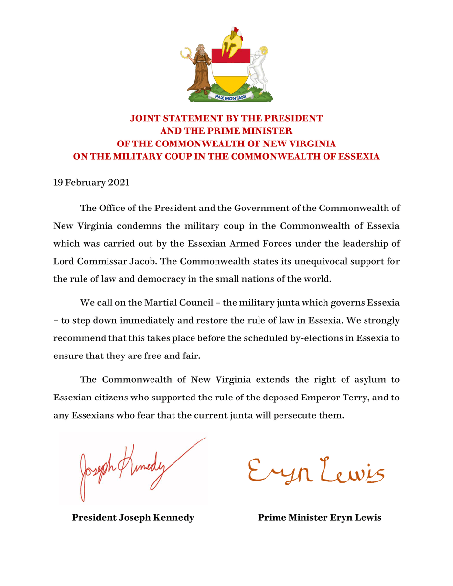 Joint Statement from the Office of the @PresidentNVA and the Office of the Prime Minister on the military coup in @EssexiaOfficial.