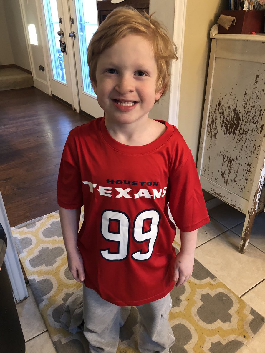 lovejoylearners's tweet image. When I heard @JJWatt was released from the Texans I quickly went online to get some of his gear. Henry’s shirt arrived today and even though it’s too big he insisted on wearing it. You will be missed JJ!  Houston loves you! #onceaTexanalwaysaTexan