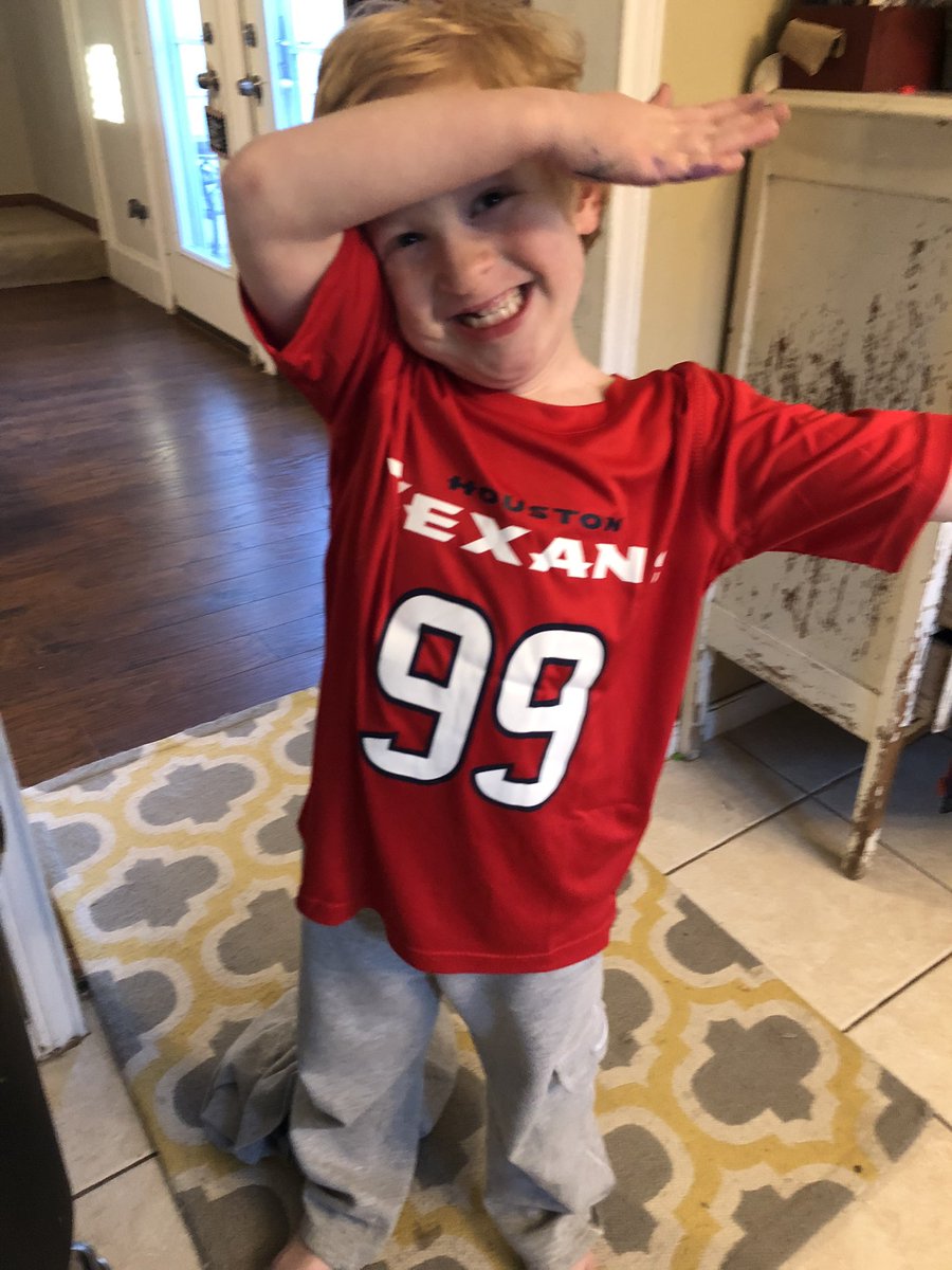 lovejoylearners's tweet image. When I heard @JJWatt was released from the Texans I quickly went online to get some of his gear. Henry’s shirt arrived today and even though it’s too big he insisted on wearing it. You will be missed JJ!  Houston loves you! #onceaTexanalwaysaTexan