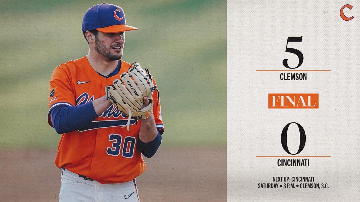 ClemsonBaseball's tweet photo. FINAL - Sharpe &amp; Clark combine to shut out Cincinnati, allowing only two hits &amp; striking out 15 in the Tigers' season-opening 5-0 victory! 🐾👏  

STORY - https://t.co/bXNhow5bVf https://t.co/jkQLDZHmP6