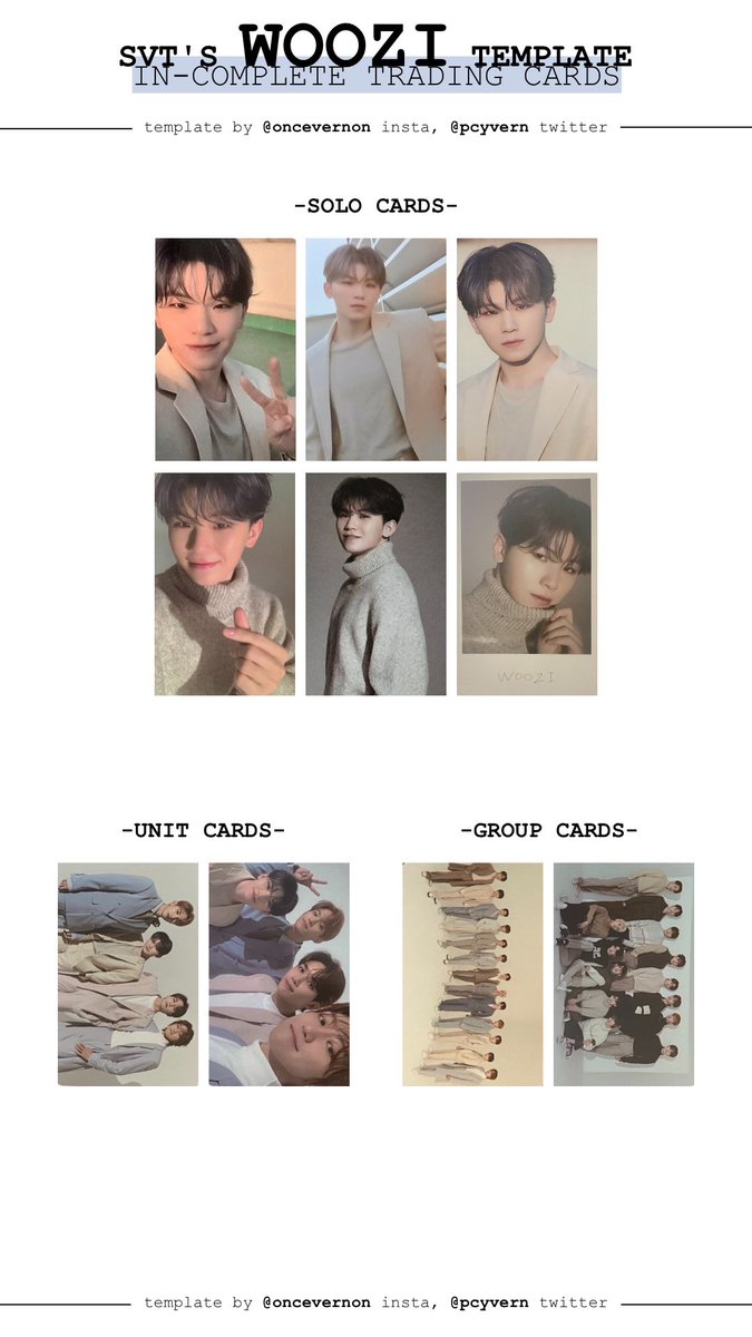 jun, hoshi, wonwoo, and woozi incomplete trading card templates!