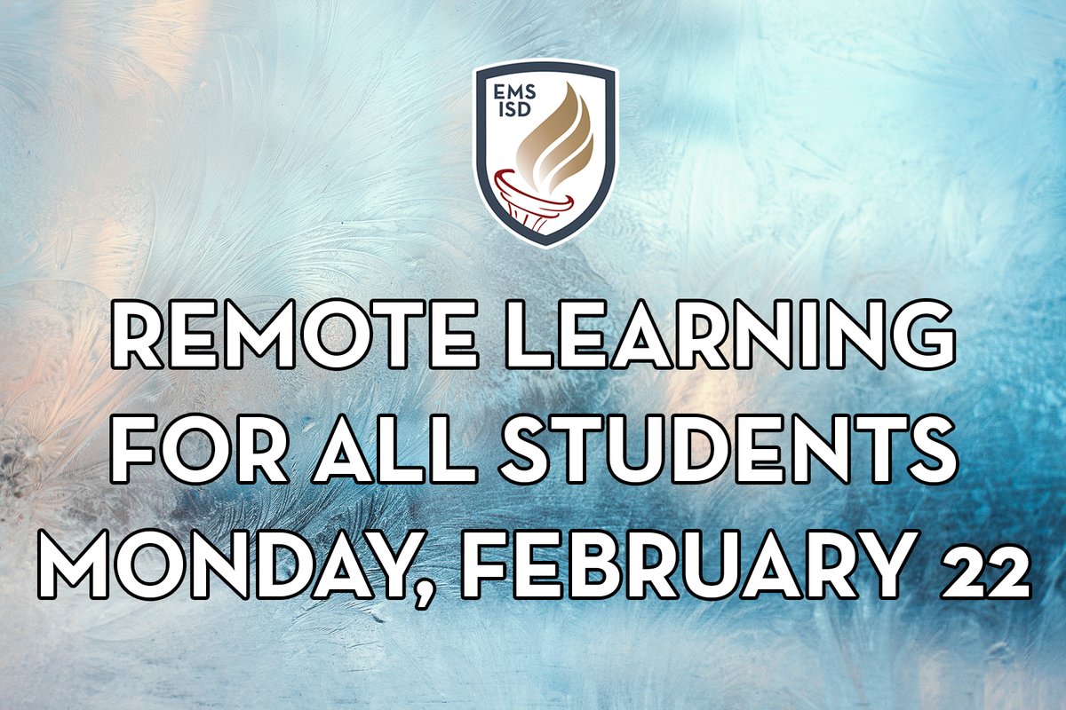 EMSISD's tweet image. Parents, please check your emails for more information about classes on Monday, February 22. To give our facilities crews the appropriate time to properly prepare our buildings, the decision has been made to transition all students to remote learning for Monday, February 22.