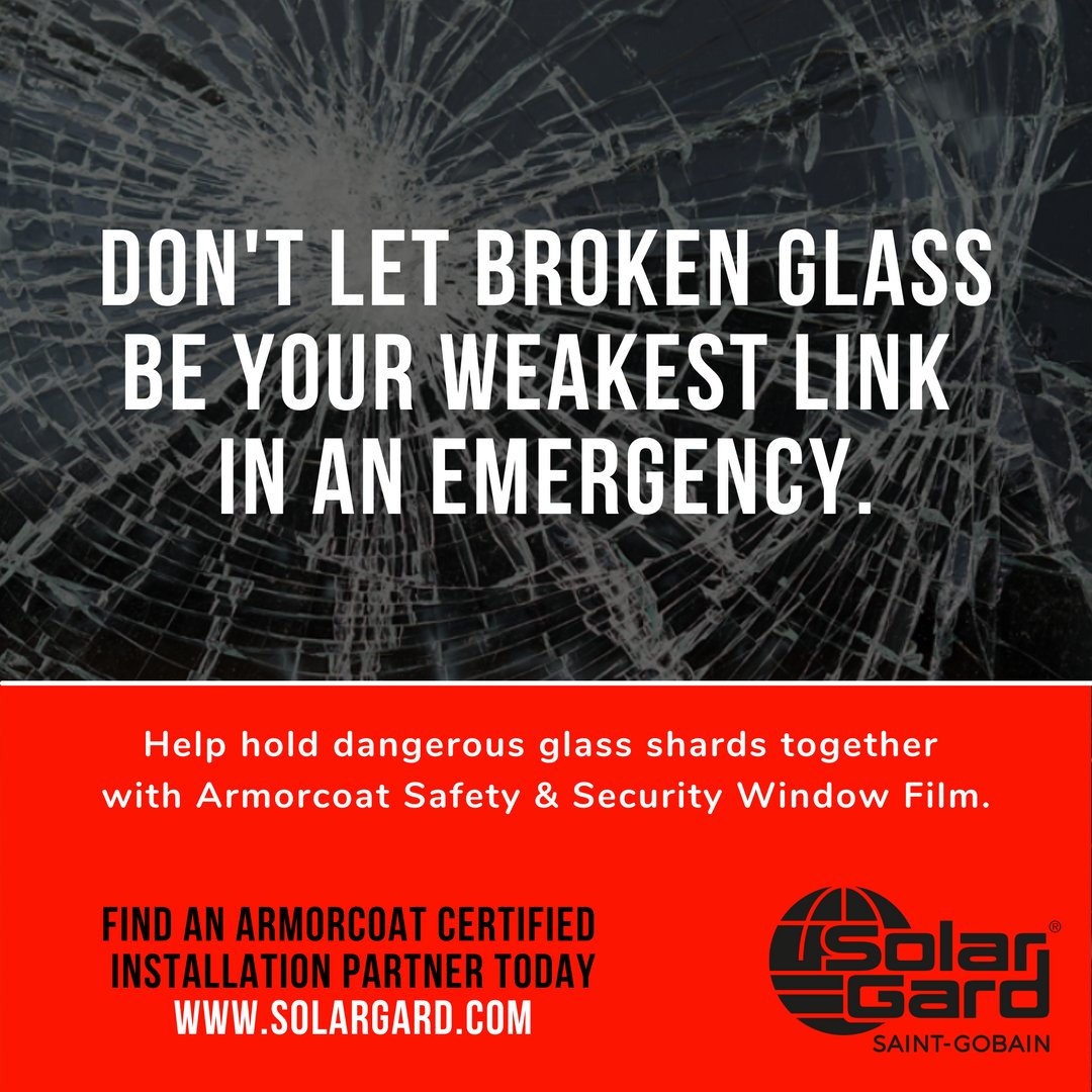 SolarGard's tweet photo. Flying glass shards pose a major risk to people and property. Add a critical layer of #protection with #Armorcoat #SafetyFilms, the industry's most trusted solutions to help hold broken glass together in case of impact. Find your Certified Partner today: https://t.co/6ankHlnyRv https://t.co/Knf5ix0zGr