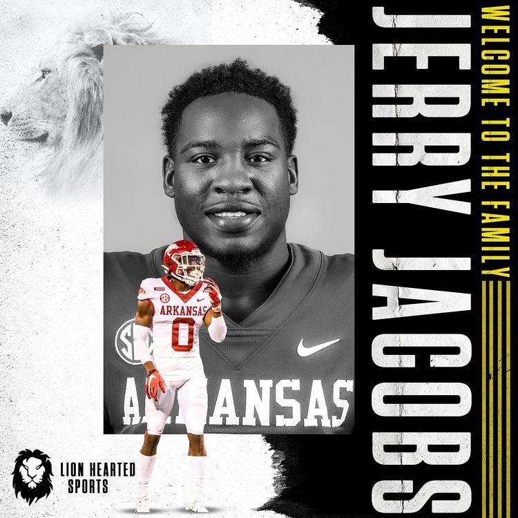 CBEV_3's tweet photo. Welcome 2021 NFL draft prospect Jerry Jacobs (@_luhjerry) to the Lion Hearted family. After junior college Jerry began his D-1 career at Arkansas State, while finishing at the University of Arkansas. We look forward to working with you as you begin your NFL journey. 🦁🖤 https://t.co/UNjcWVi3YP
